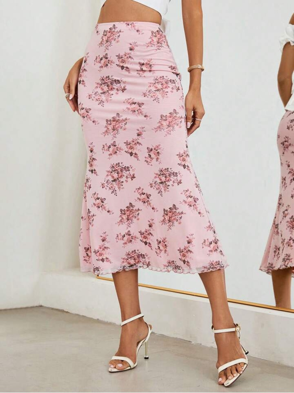 Pink Floral Midi Skirt